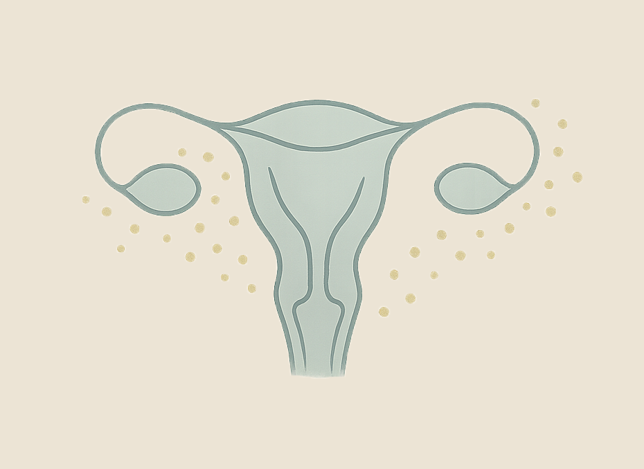 blue shaded uterus with gold spots outside of it, with an eggshell background