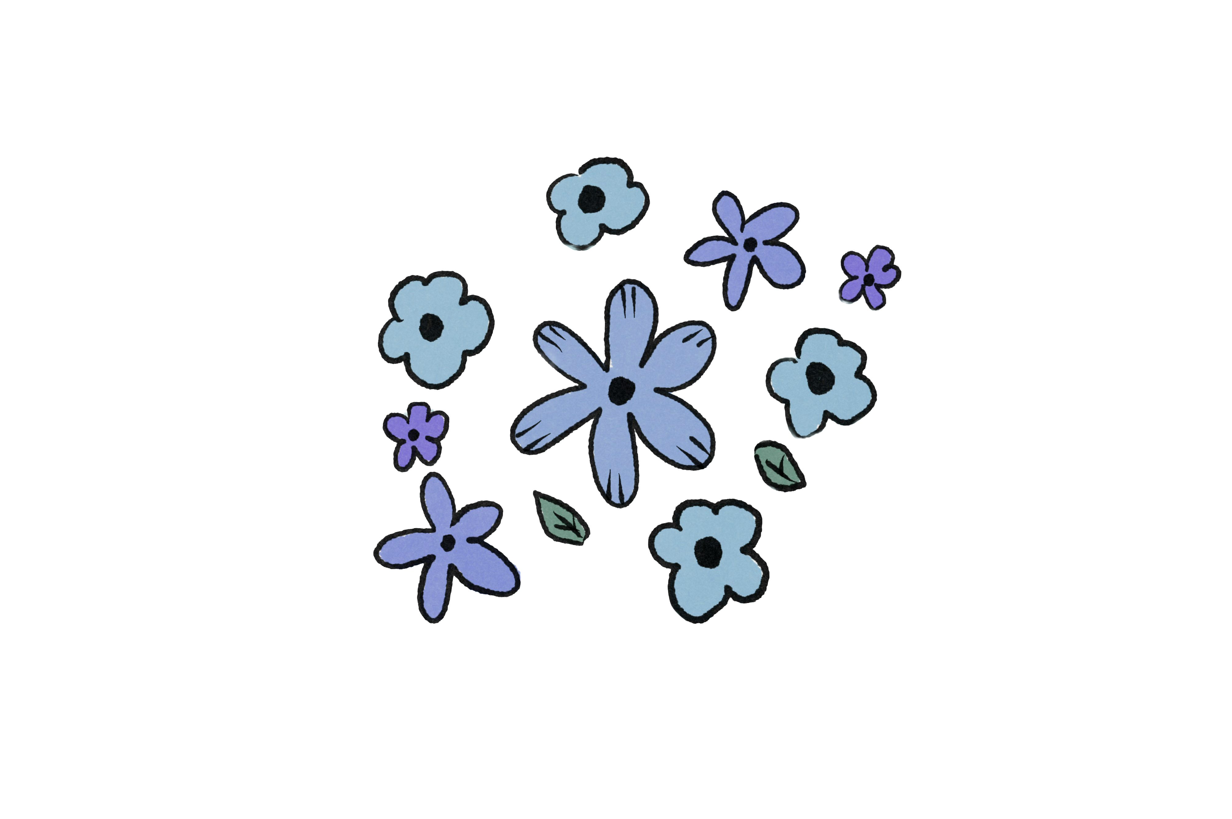 blue and purple illustrated flowers with green leaves